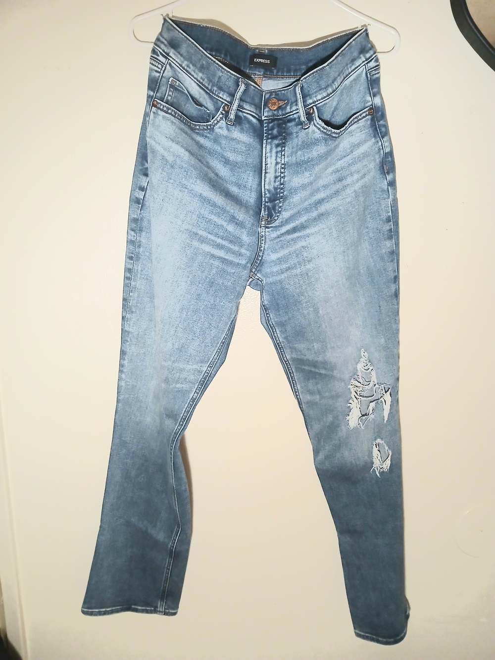 Express Light Blue Distressed Straight-Leg Jeans
